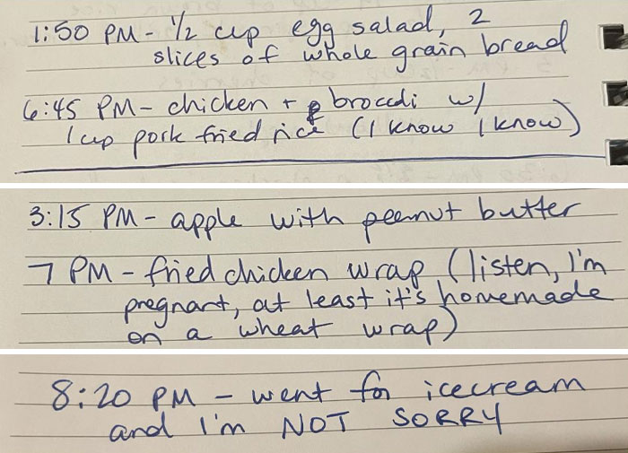Funny pregnancy situations with handwritten food diary, including cravings like ice cream and a note on homemade wraps.