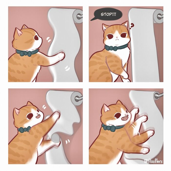 Cat unrolling toilet paper in 4-panel comic, artistically depicted, with a speech bubble saying "STOP!" Hilariously cute scene.