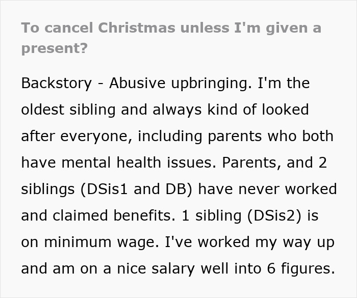 Alt text: "Woman upset about poor family's inability to buy gifts, considering canceling Christmas.