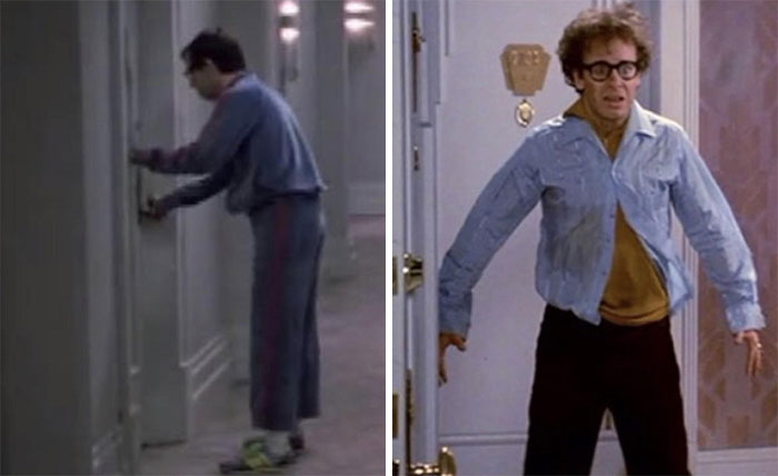 Man in pajamas and another in rumpled clothes, illustrating movie jokes that took years to understand.