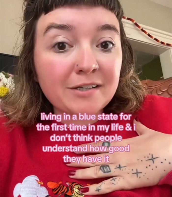 Woman shares her experience of moving to a blue state, expressing thoughts on the differences she's noticed.