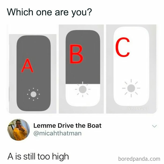 Funny post comparing brightness levels labeled A, B, and C, with a humorous tweet reading "A is still too high."