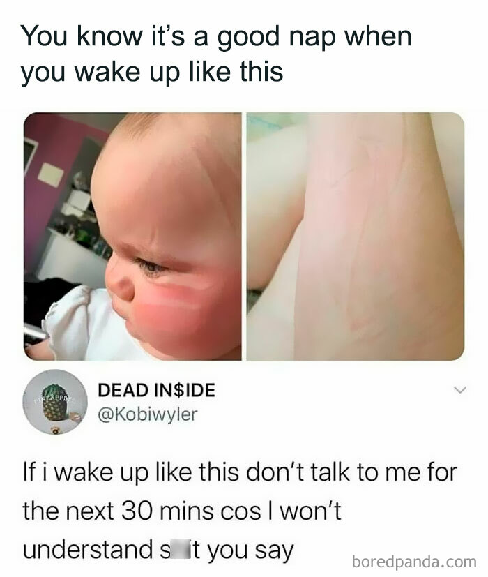 Baby with a red sleep mark on face and tweet caption about waking up from a nap, humorously spot-on.