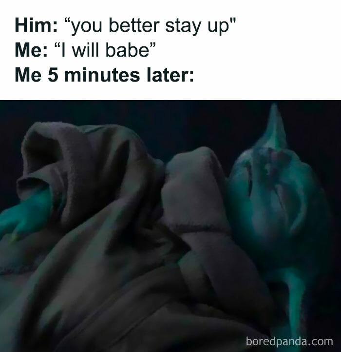 Baby Yoda meme humorously depicting falling asleep quickly after promising to stay awake.