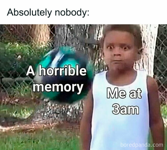 Kid in meme humorously reacting to a memory at 3am.