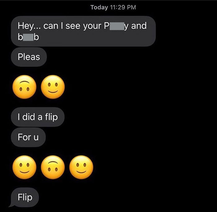 Screenshot of cringy text messages from a man, using emojis and pleading for attention repeatedly.