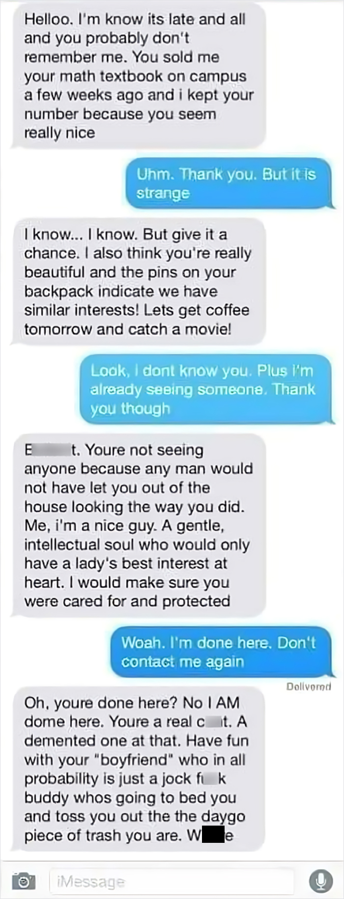 Text conversation showing a man not taking no for an answer; the woman politely declines multiple times.