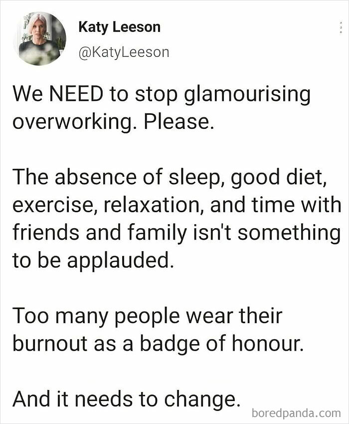 Work meme highlighting the need to stop glamorizing overworking and burnout culture.