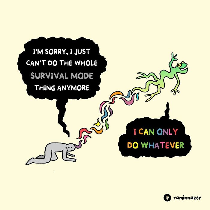 Vibrant illustration by Ramin Nazer depicting a figure expressing the end of survival mode, embracing freedom.