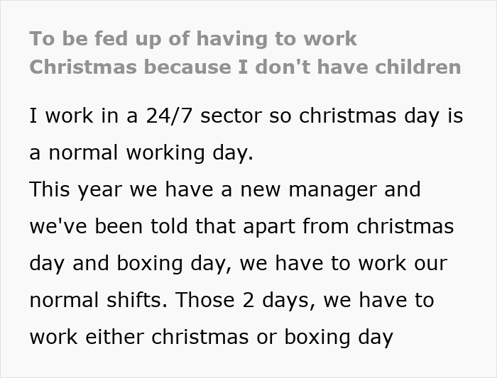 Text about a woman calling out workplace discrimination over working Christmas due to not having kids.