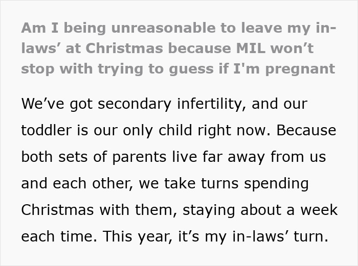 Text discussing MIL Christmas pregnancy stress, secondary infertility, and family holiday rotation challenges.