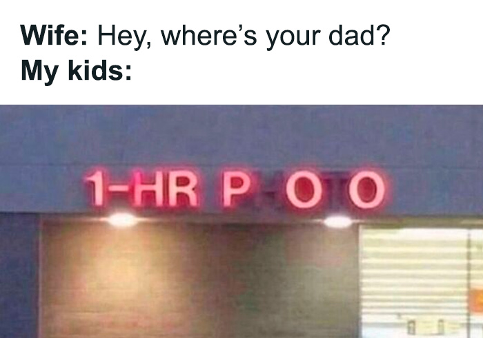 Sign reads "1-HR P*O" as parents joke about raising kids with humor.