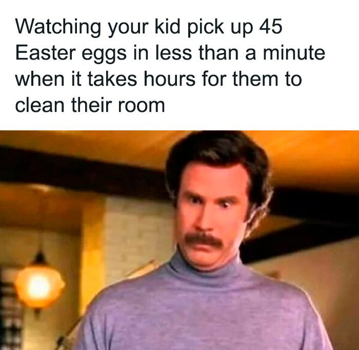 Parent humor meme about kids quickly finding Easter eggs but taking hours to clean their room, featuring a surprised expression.