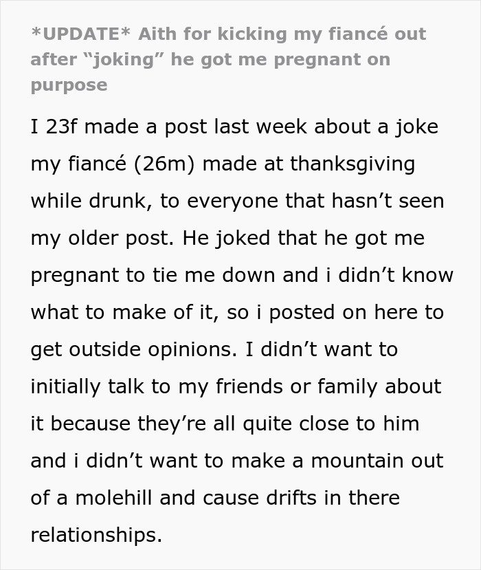 Text about a woman's reaction to her fianc&eacute;'s joke regarding accidental pregnancy, seeking advice and opinions.