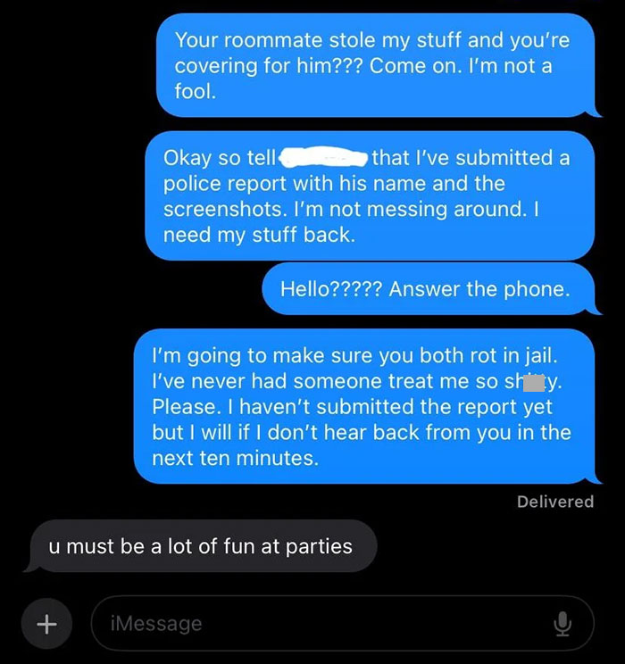 Text conversation about friend&rsquo;s roommate who stole items from an apartment.