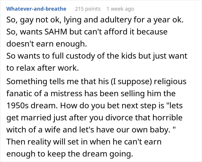 Text discussing conflicts about kids' custody, financial struggles, and personal relationships.