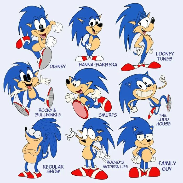 Pop culture characters drawn in various cartoon styles, including Disney, Hanna-Barbera, and more.