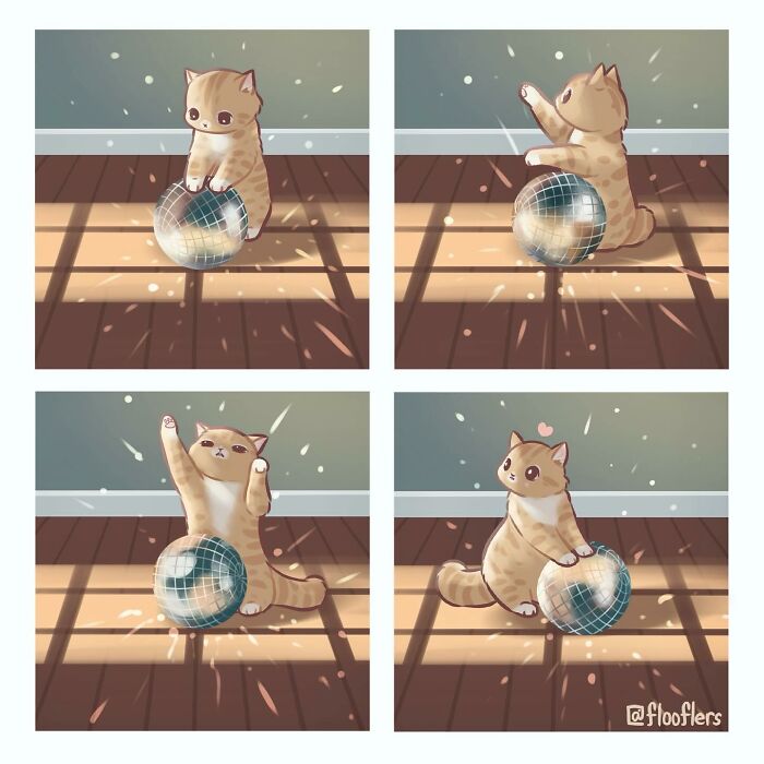 Four-panel comic of a cat playing with a disco ball, showcasing hilariously cute illustrations.