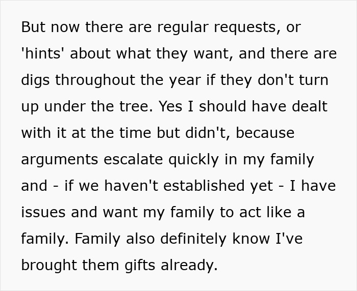 Text about family arguments and expectations for gifts, related to a woman's perspective.