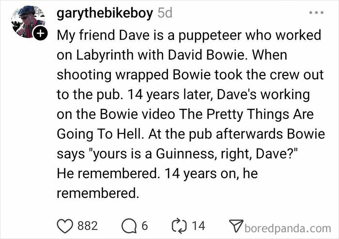 Social media post recounting a nice encounter with David Bowie, who remembered a crew member's drink preference after 14 years.