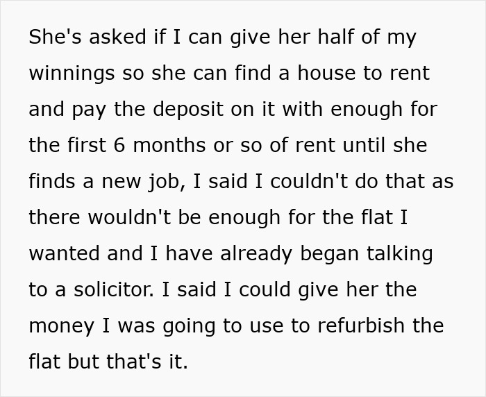 Text snippet about sister discussing lottery winnings and the inability to share for a house rental. Text snippet about sister discussing lottery winnings and the inability to share for a house rental.