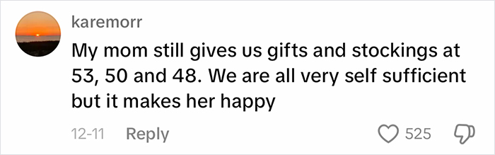 Comment about a mom continuing to give gifts to her independent adult children, with 525 likes and a sunset profile picture.