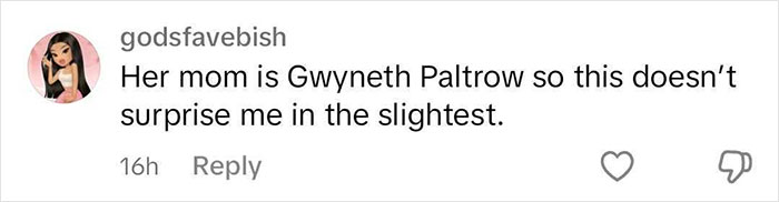 Social media comment referencing Gwyneth Paltrow, discussing her daughter's behavior. Social media comment referencing Gwyneth Paltrow, discussing her daughter's behavior.
