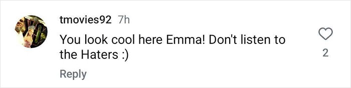 Comment screenshot showing support for Emma from 'Oppenheimer,' expressing, "You look cool here Emma! Don&rsquo;t listen to the haters ;).