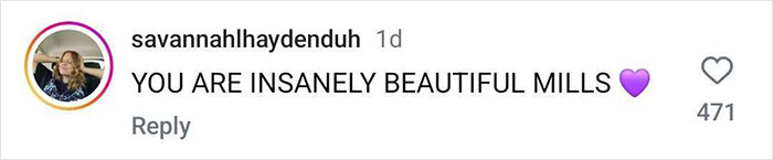 Comment praising beauty with heart emoji, mentioning "Mills" in response to Millie Bobby Brown looking older.