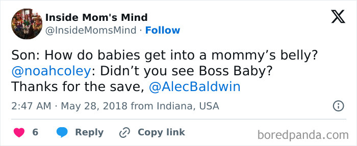 Tweet about where babies come from, humorously referencing "Boss Baby" and Alec Baldwin.