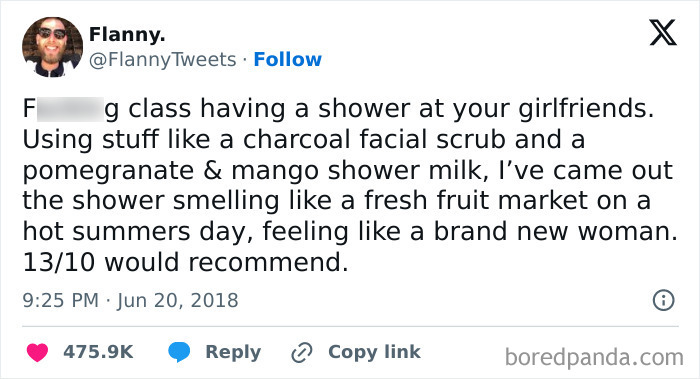 Screenshot of a humorous dumb tweet about using scented shower products and feeling refreshed.