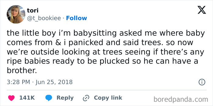 Tweet about funny take on where babies come from, involving babysitter and a tree story.