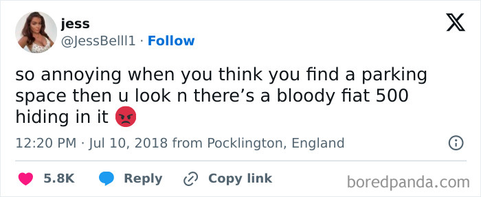 Tweet about finding a parking spot with a Fiat 500 humorously hidden in it, showcasing British humor.