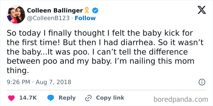 Tweet about funny pregnancy situation involving confusion between baby kicks and needing the bathroom.