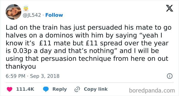 Tweet showcasing British humor with a clever persuasion about sharing pizza costs on a train.