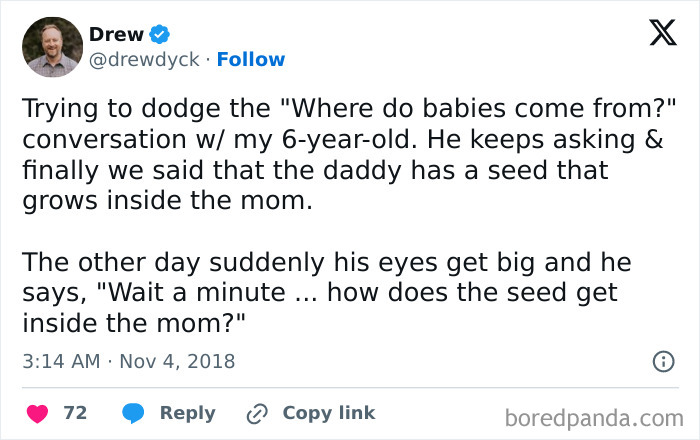 Funny tweet about explaining where babies come from to a curious child.