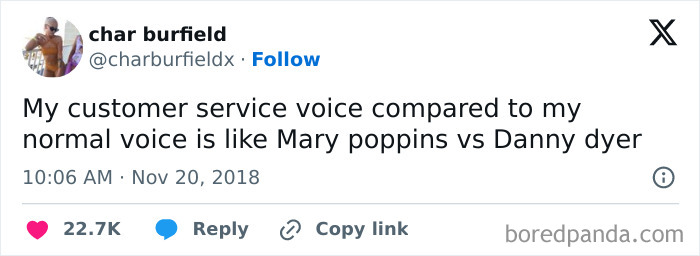 Tweet showcasing British humor comparing customer service voice to Mary Poppins and Danny Dyer.