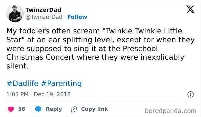 Tweet humor about toddlers being silent at Preschool Christmas Concert.