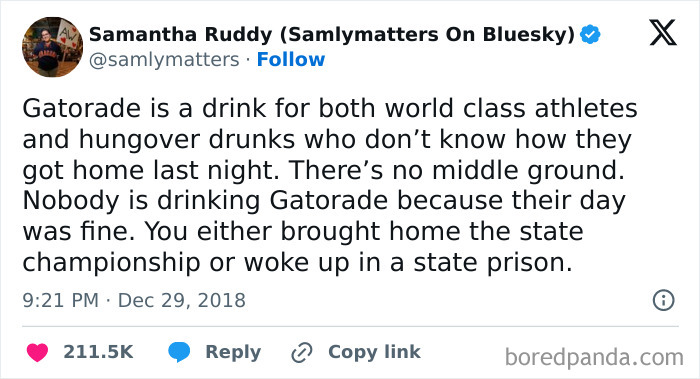 Text meme humorously contrasts Gatorade drinkers as either athletes or hungover people, highlighting hilarious situations.