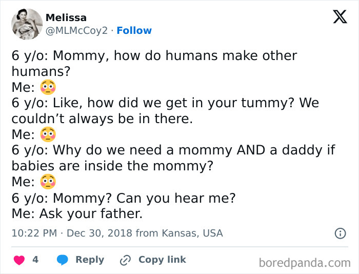 Funny tweet about a child asking questions on where babies come from, leaving the parent speechless.