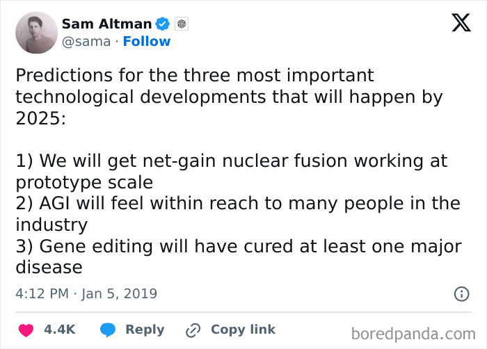 Tweet on 2025 predictions: nuclear fusion, AGI reach, gene editing advancements.
