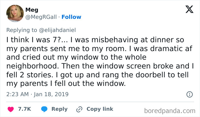 A tweet about a childhood mishap shared as a funny and relatable meme.