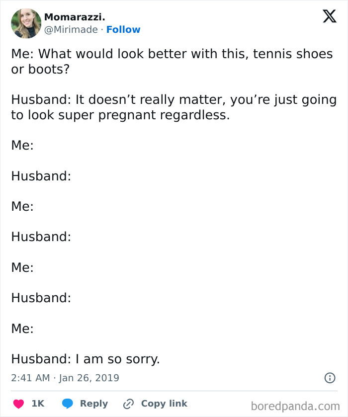 Funny pregnancy situation: husband comments on shoe choice, realizes mistake.