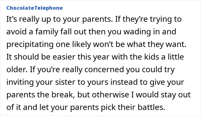 Text message discussing how children visiting older parents at Christmas should let them handle potential family conflicts. Text message discussing how children visiting older parents at Christmas should let them handle potential family conflicts.