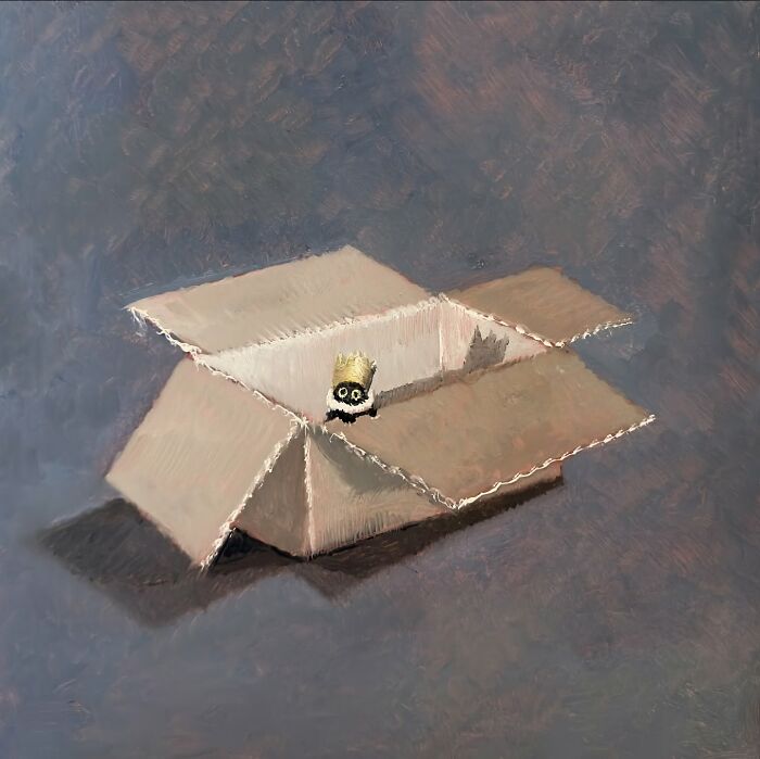 Humorous painting of a black cat with a crown inside an open cardboard box.