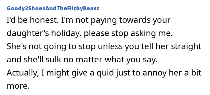 Text exchange discussing refusal to pay for a daughter's exotic trip.