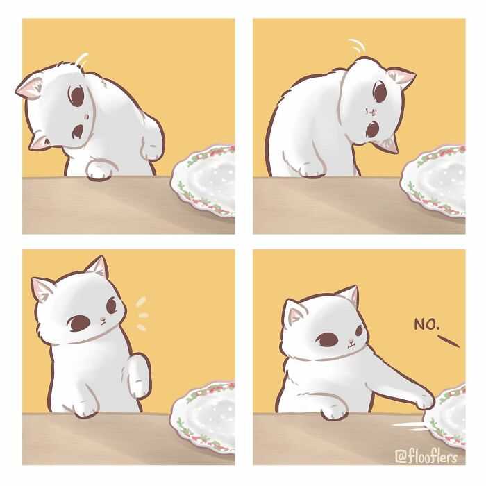 4-panel comic of a cute cat inspecting a dish, humorously deciding "No.