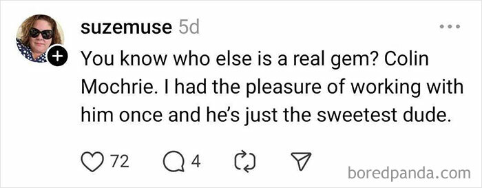 Social media post praising Hollywood celebrity Colin Mochrie as kind and genuine.