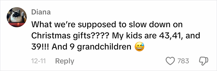 Text comment discussing buying Christmas gifts for kids and grandchildren, reflecting parents' gift-giving decisions.