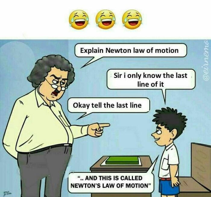 Cartoon illustrating dad humor with a teacher asking a student about Newton's law in a funny misunderstanding.